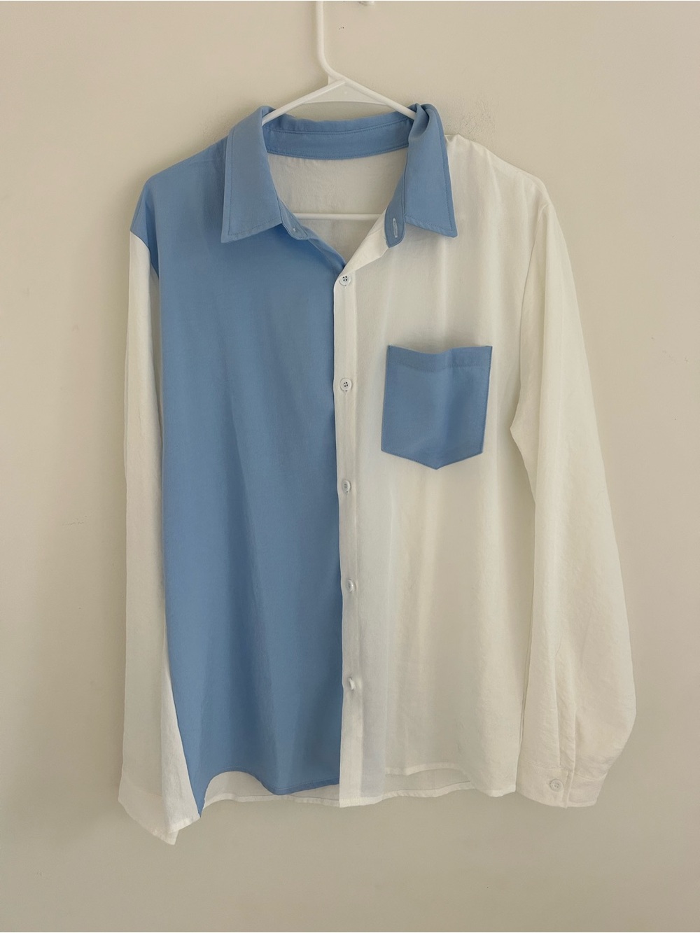 SHEIN Blue and White Colorblock Button-Down Shirt
